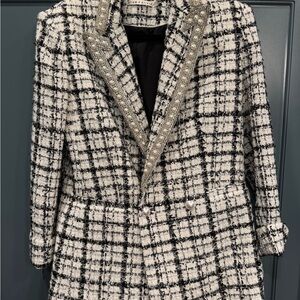 Tweed Pearl-Trim Blazer in Black & White